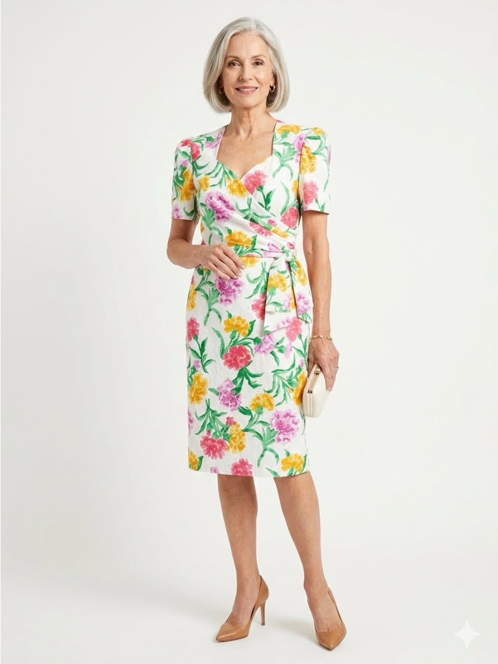 DAVID WARREN Embossed Cotton Jacquard White Floral Dress Sweetheart Neck Size 12